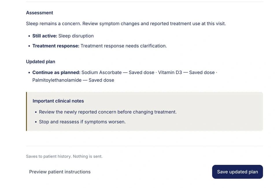 Clarity next-visit draft with an assessment, updated plan and clinical notes for a fictional patient