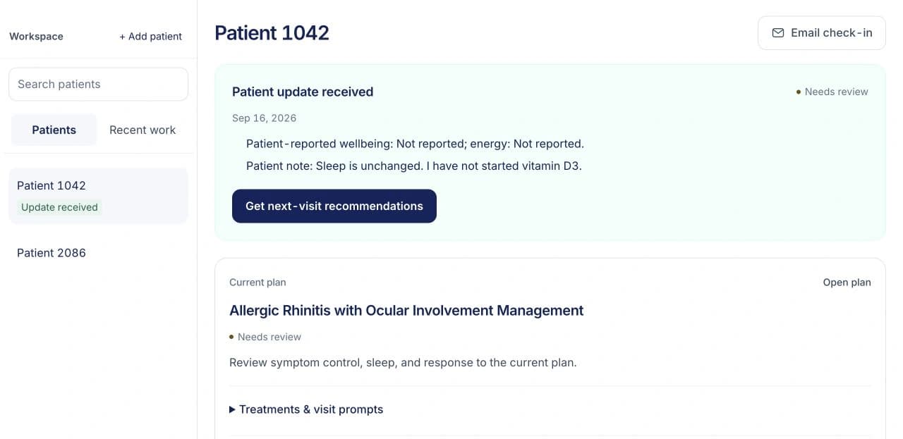 Actual follow-up workspace with a fictional patient’s received update beside their saved plan