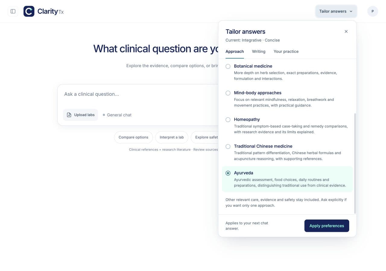 Actual Tailor answers controls with integrative, nutrition, botanical, mind–body, homeopathy, TCM and Ayurveda emphasis choices