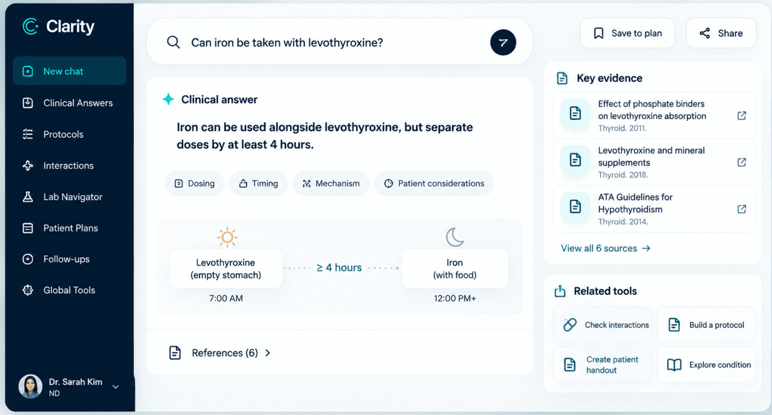 Clarity Think workspace showing a clinical question, answer, medication timing, key evidence and related tools
